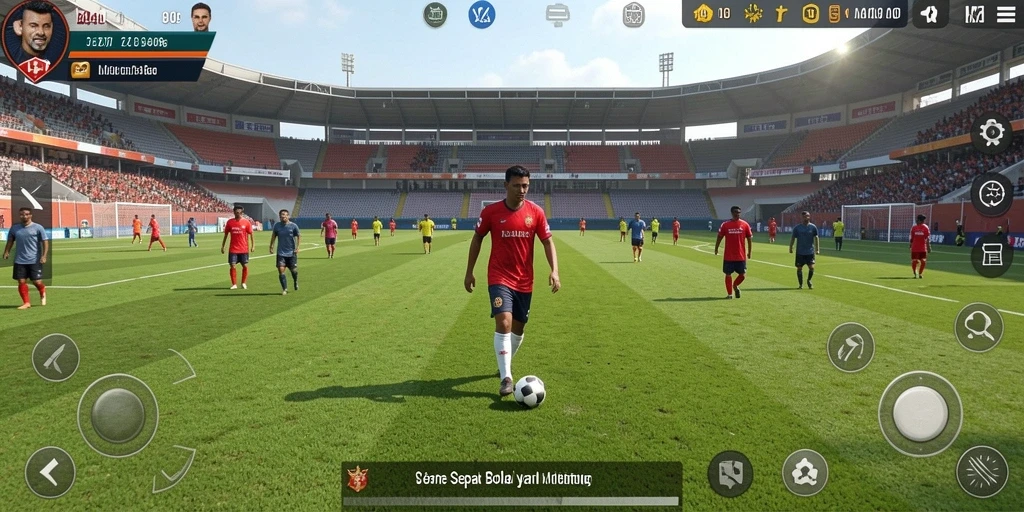 Tangkapan layar utama menampilkan gameplay sepak bola yang mendebarkan.