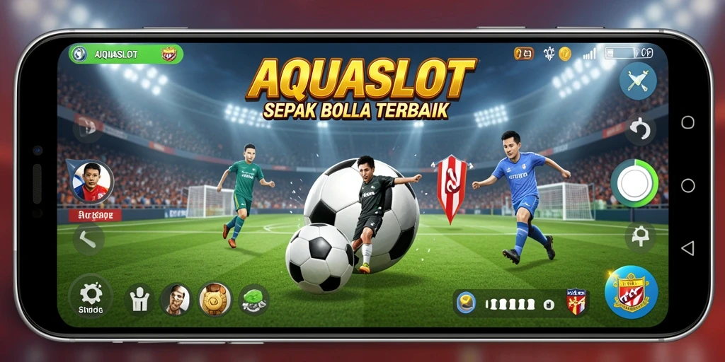 Tampilan aksi seru gameplay <strong>AQUASLOT</strong> dengan pemain sepak bola.