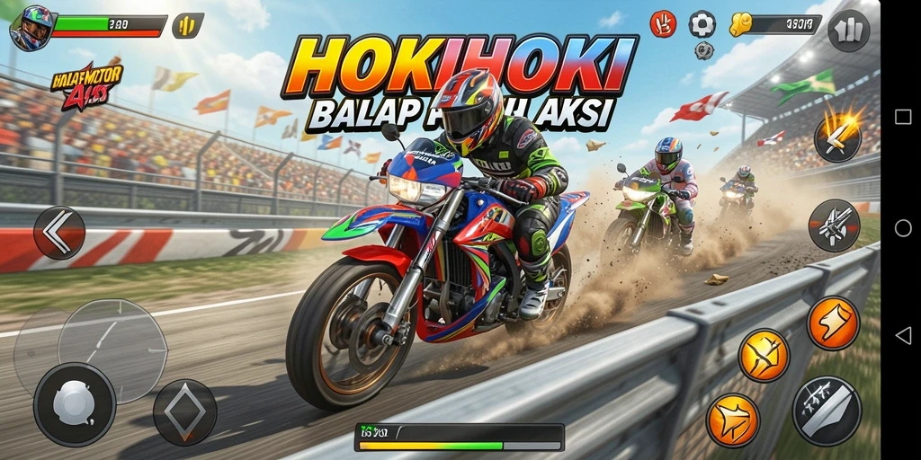 Tangkapan layar HOKIHOKI menampilkan balapan motor yang intens.