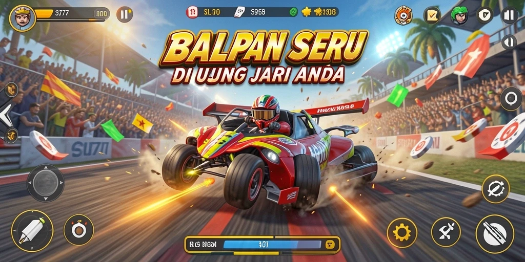 Screenshot gameplay SL777 menampilkan balapan mendebarkan dengan mobil cepat.
