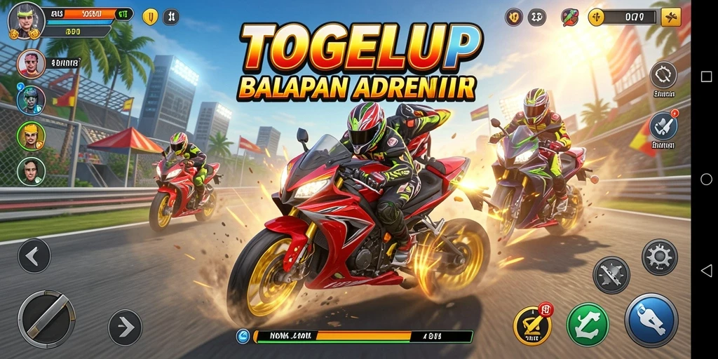 Screenshot permainan TOGELUP menampilkan aksi balapan motor yang mendebarkan.